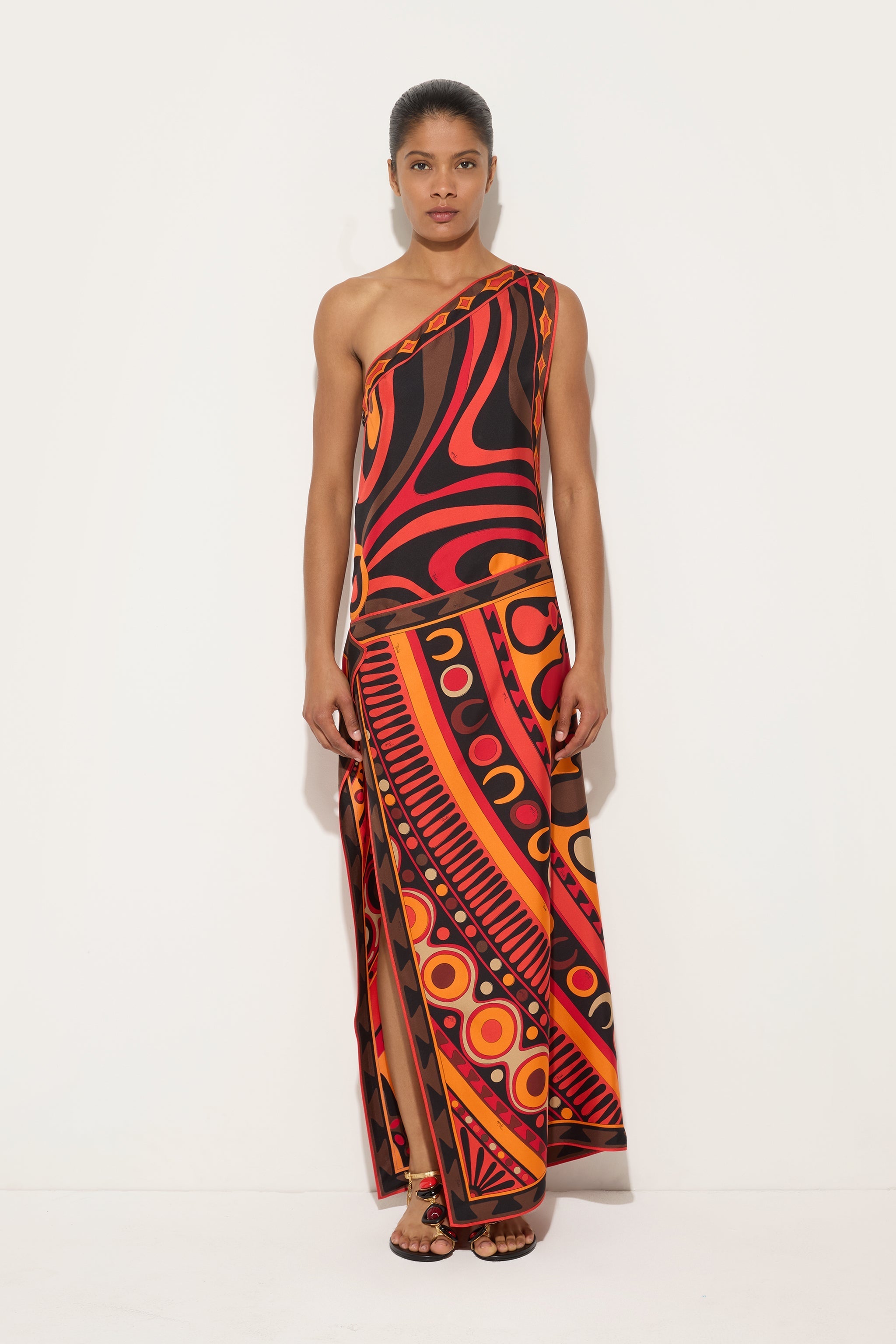 Pucci Marmo and Soleil Prints Asymmetrical Silk Dress