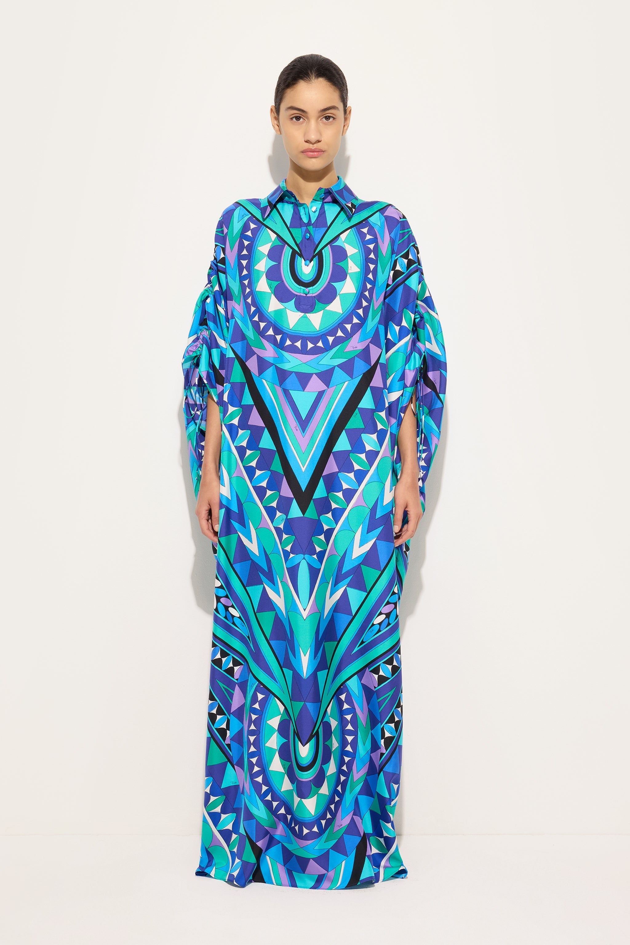 Pucci Manuba Print Silk Kaftan with Draped Sleeves
