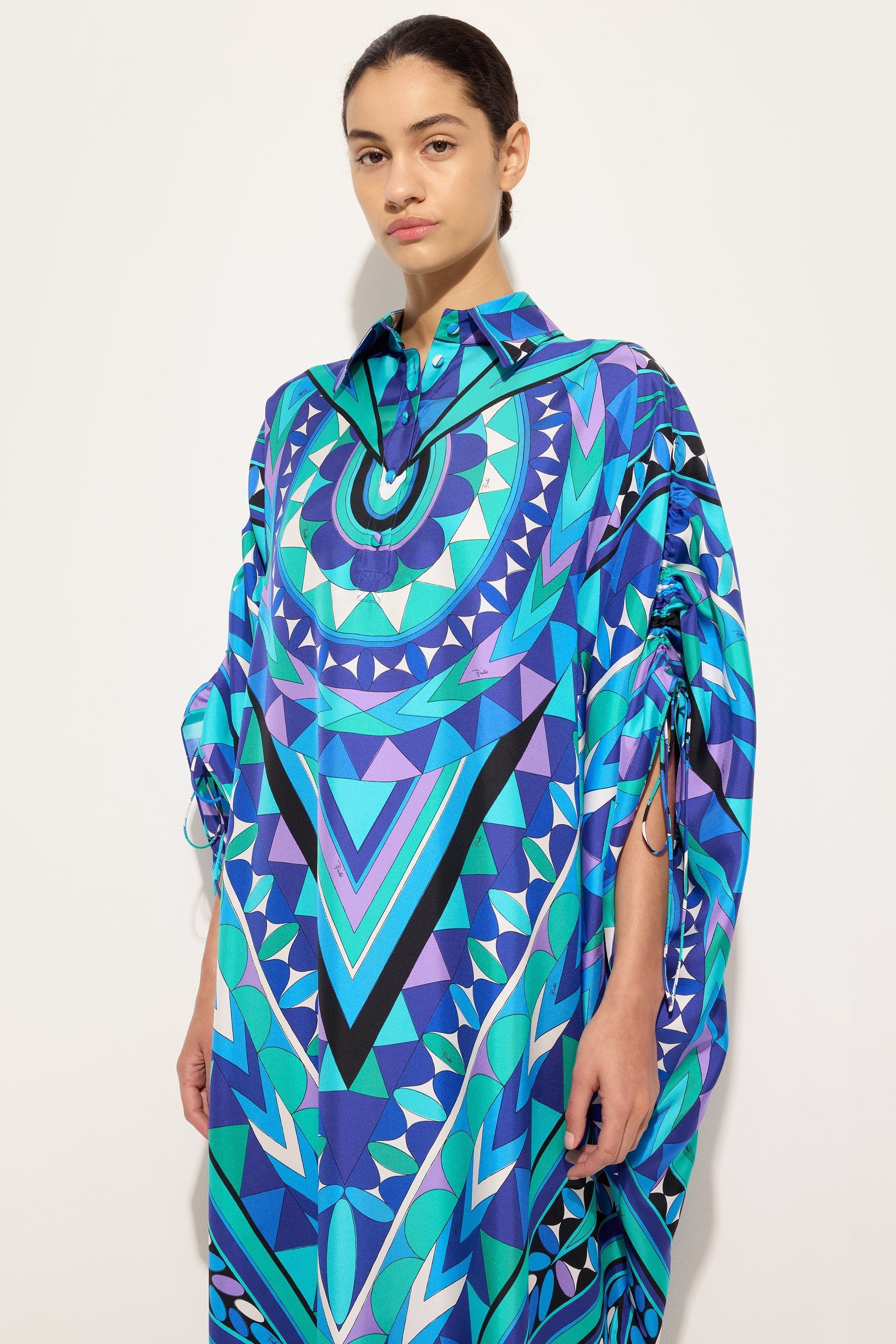 Pucci Manuba Print Silk Kaftan with Draped Sleeves