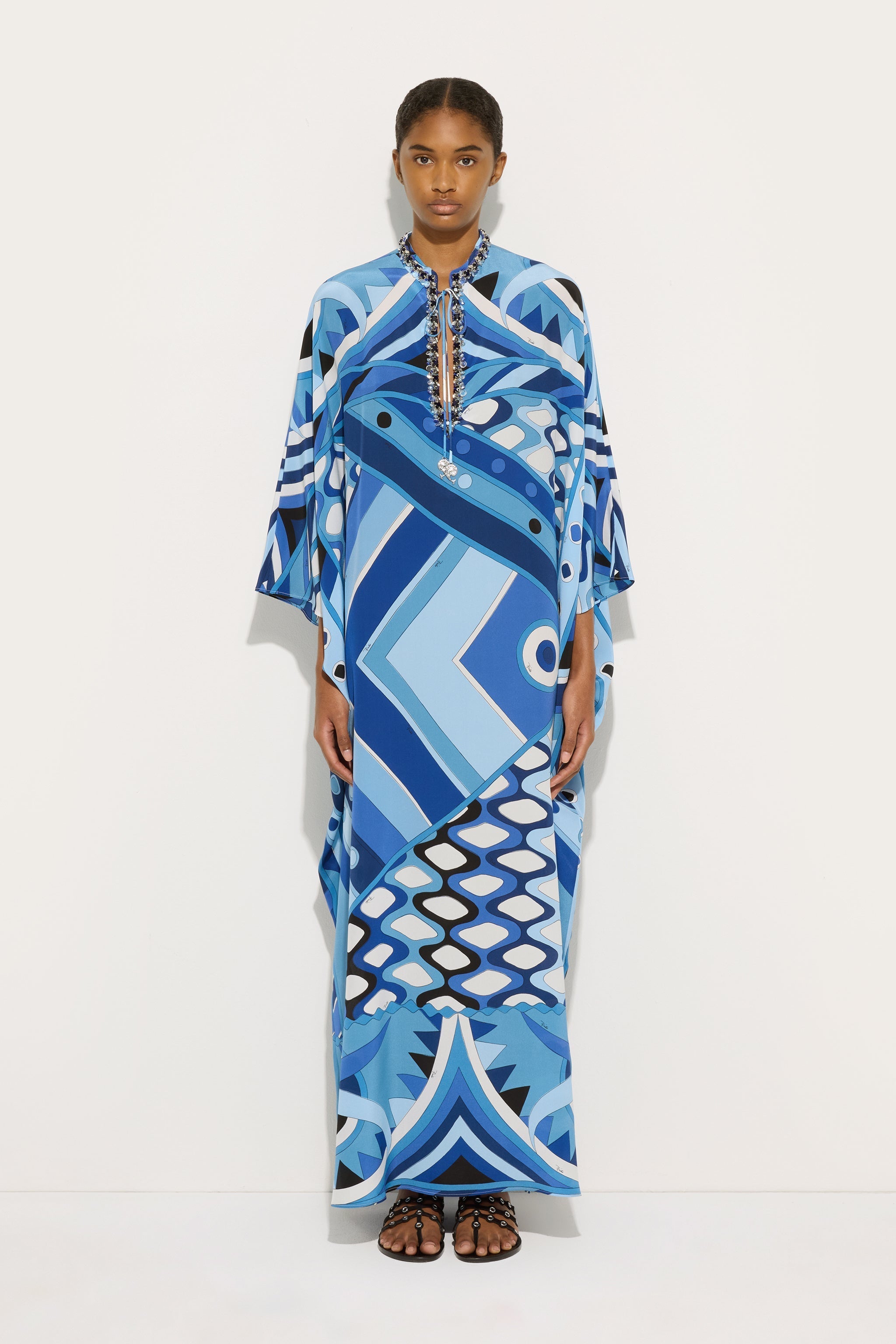 Pucci Vivara Print Long Kaftan with Embroidery