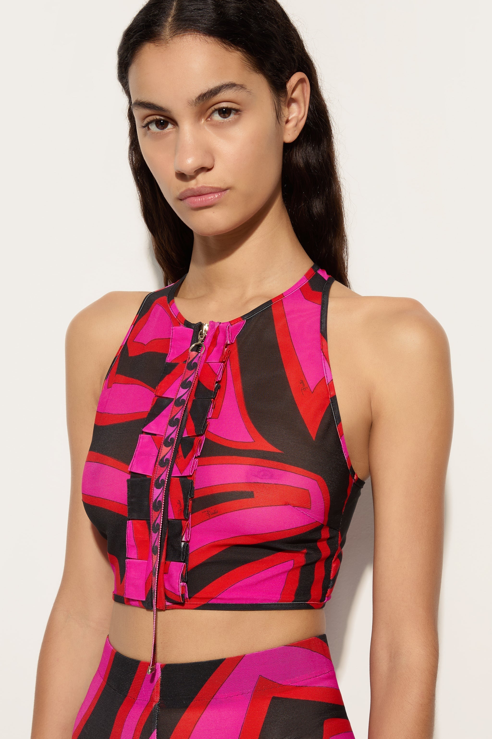 Pucci Labirinto Print Ruffle Sleeveless Top