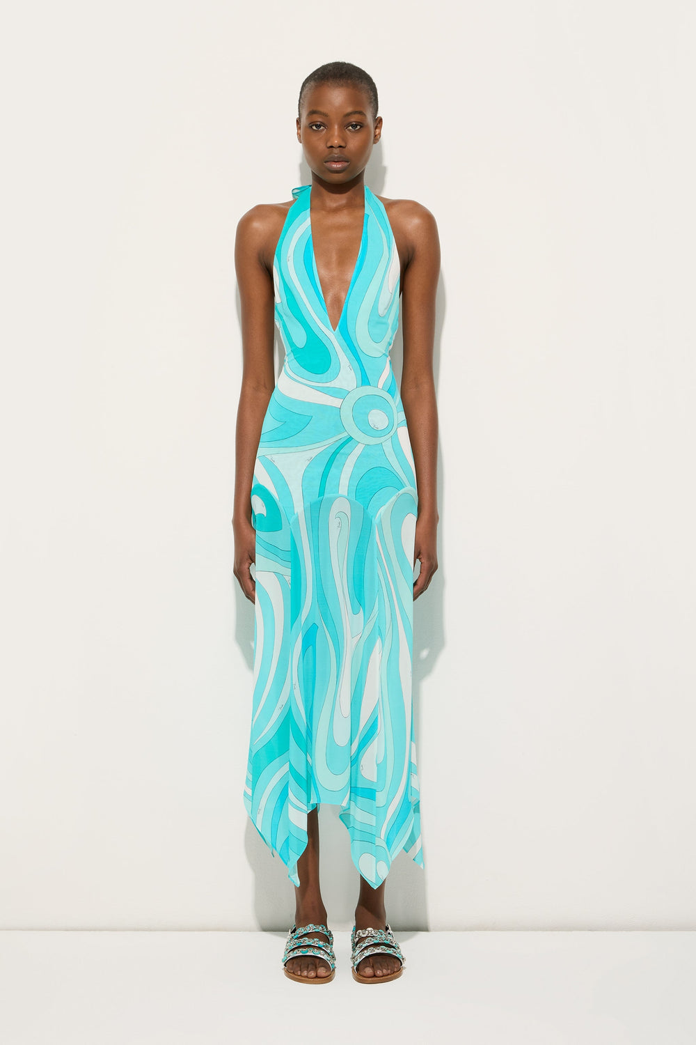 Pucci Marmo Print V-neck Dress with Asymmetrical Hem